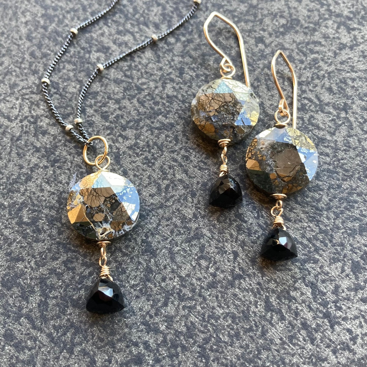 Nipomo Marcasite in Agate, Black Onyx & Gold Earrings