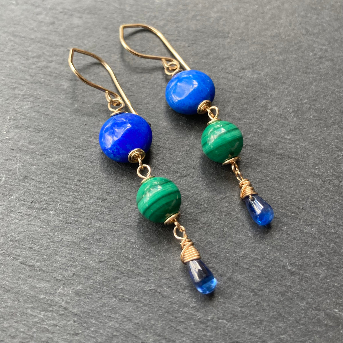 Lapis, Malachite & Gold Earrings
