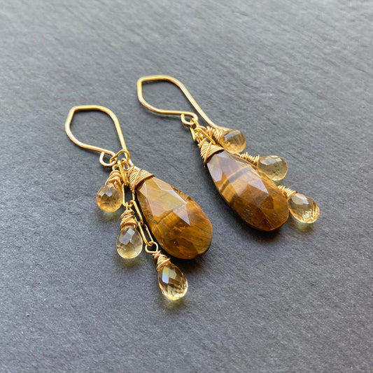 Tiger’s Eye, Citrine & Gold Cascade Earrings