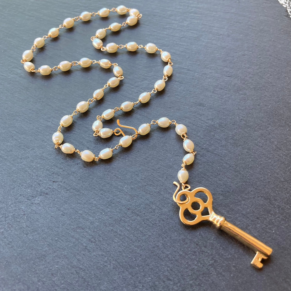 Freshwater Pearl, Gold & Bronze Skeleton Key Convertible Pendant Necklace