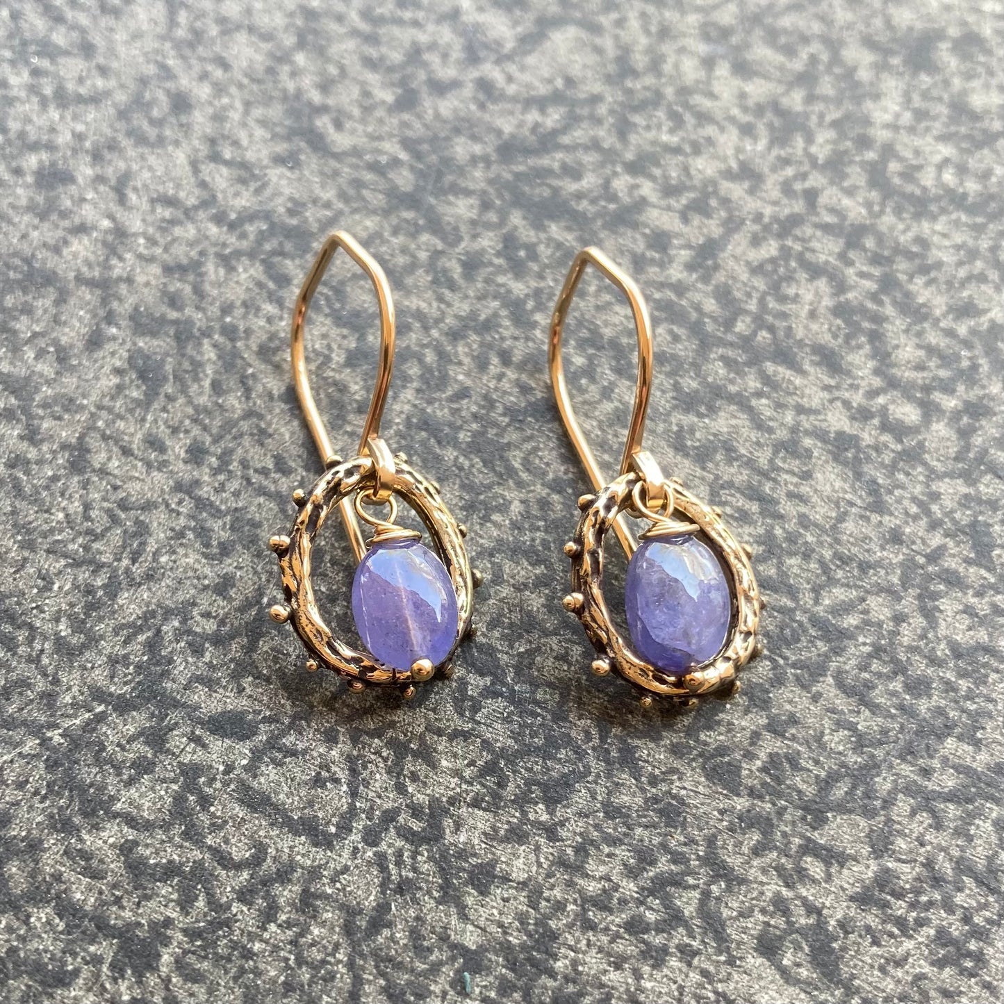 Tanzanite, Gold & Bronze Granulated Hoops