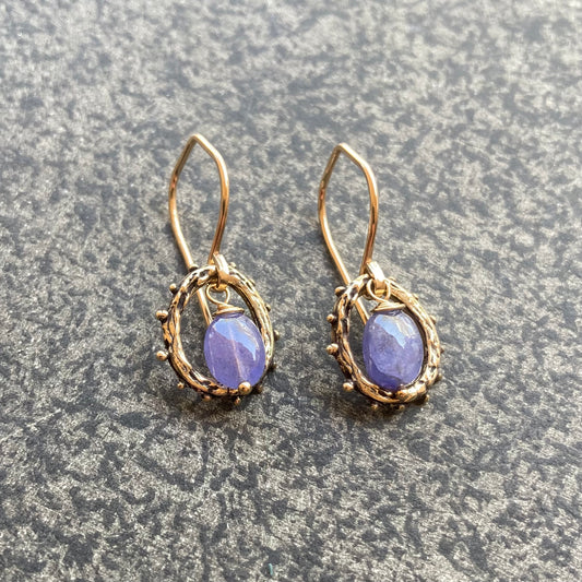 Tanzanite, Gold & Bronze Granulated Hoops