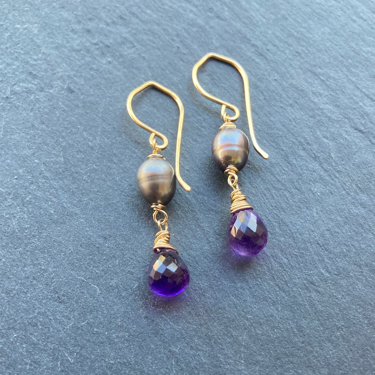 Amethyst, Peacock Pearl & Gold Earrings