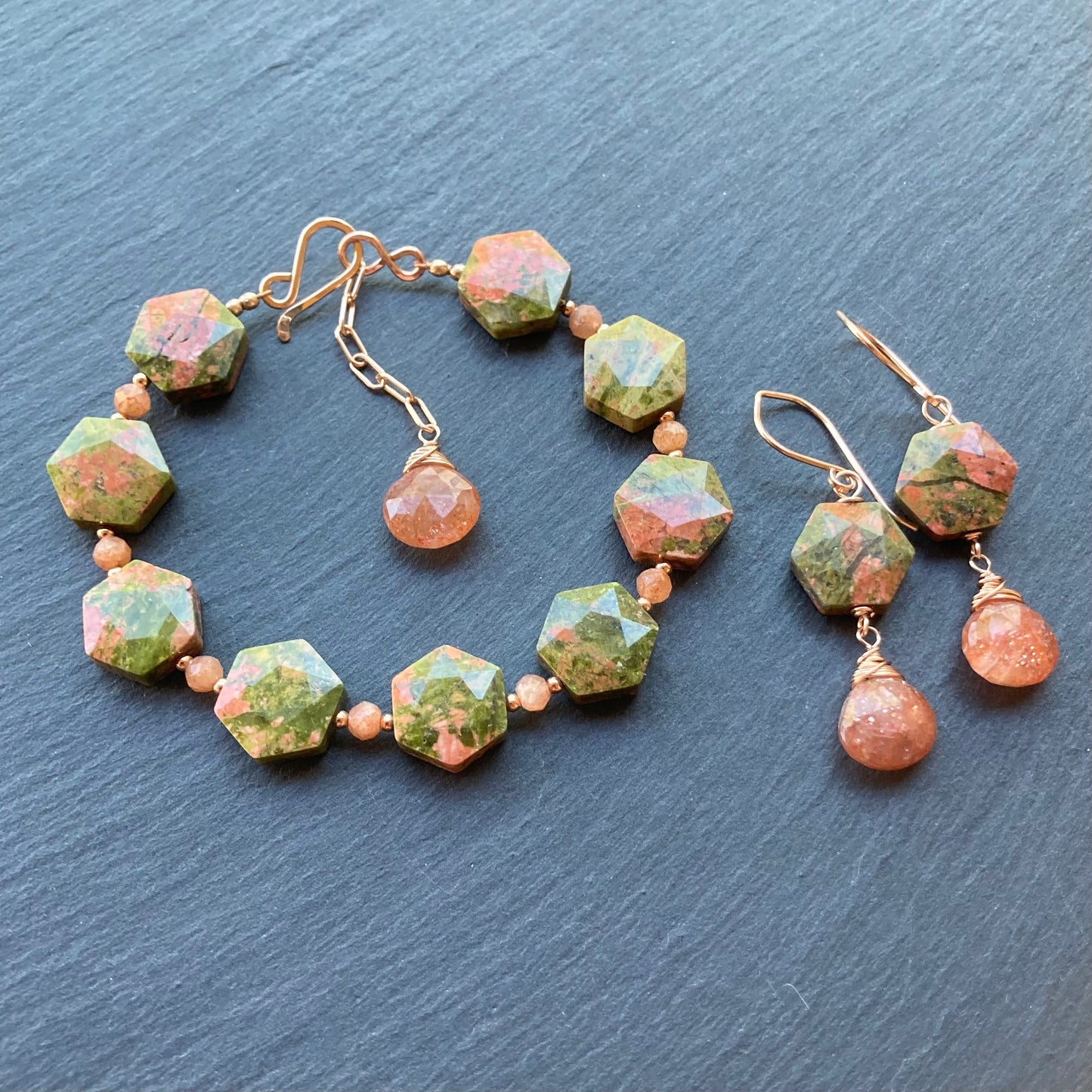 Unakite, Sunstone & Rose Gold Earrings