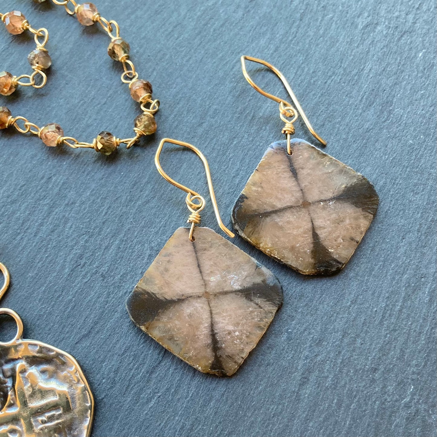 Chiastolite & Gold Earrings
