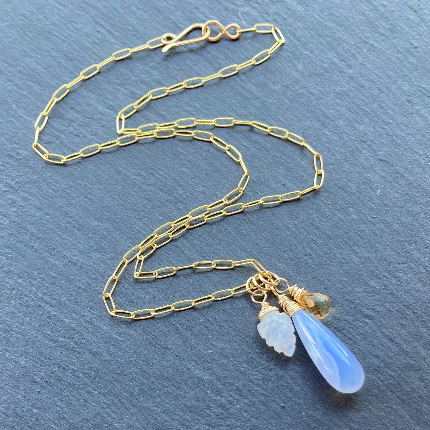 Blue Lace Agate, Rainbow Moonstone, Citrine & Gold Charm Necklace