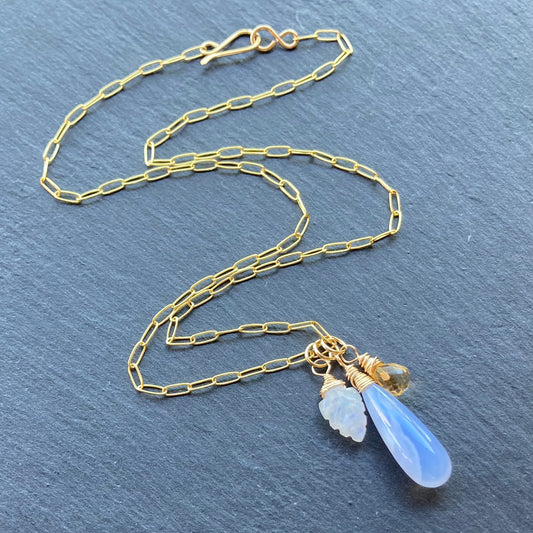 Blue Lace Agate, Rainbow Moonstone, Citrine & Gold Charm Necklace