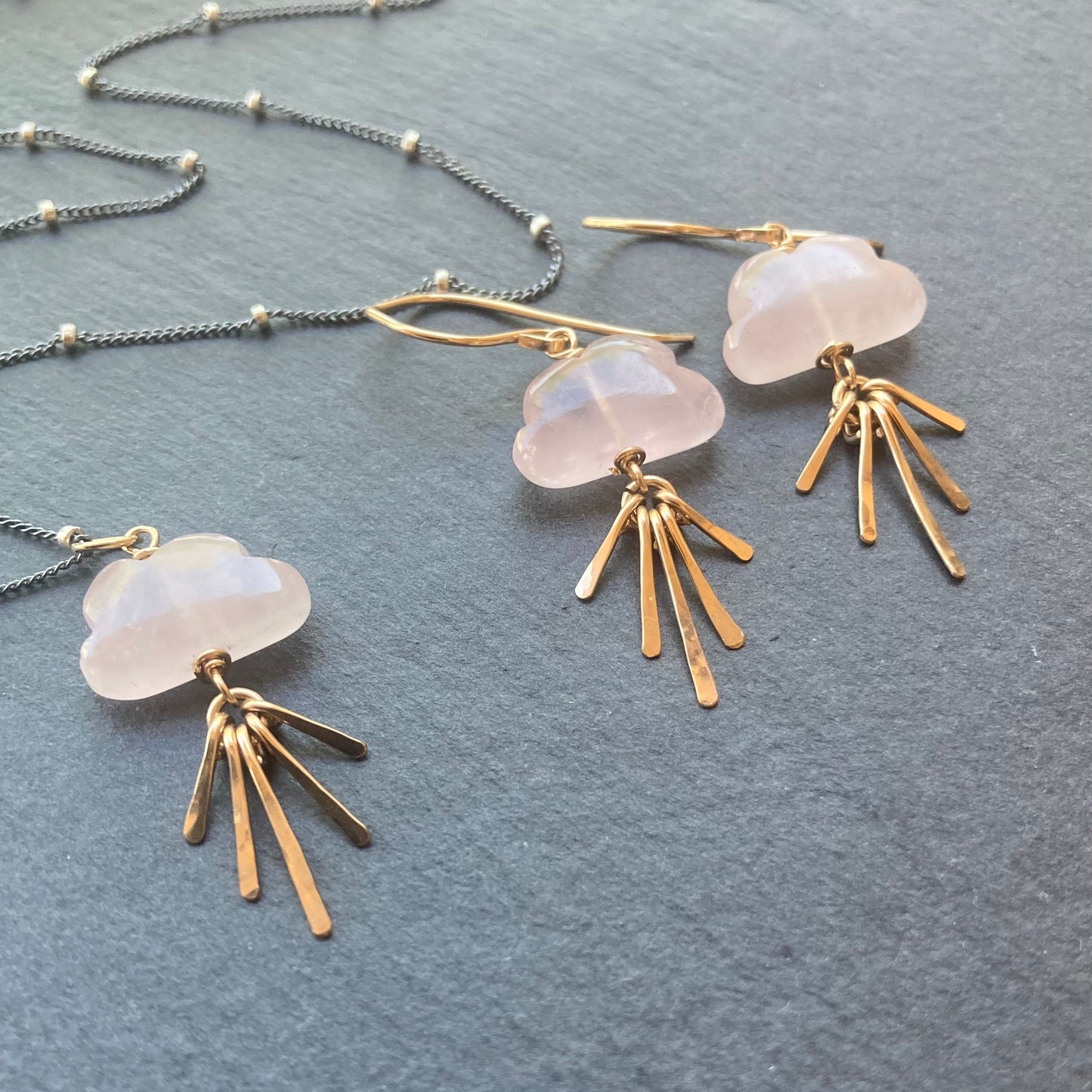 Rose Quartz & Mixed Metal Sunset Fringe Pendant Necklace