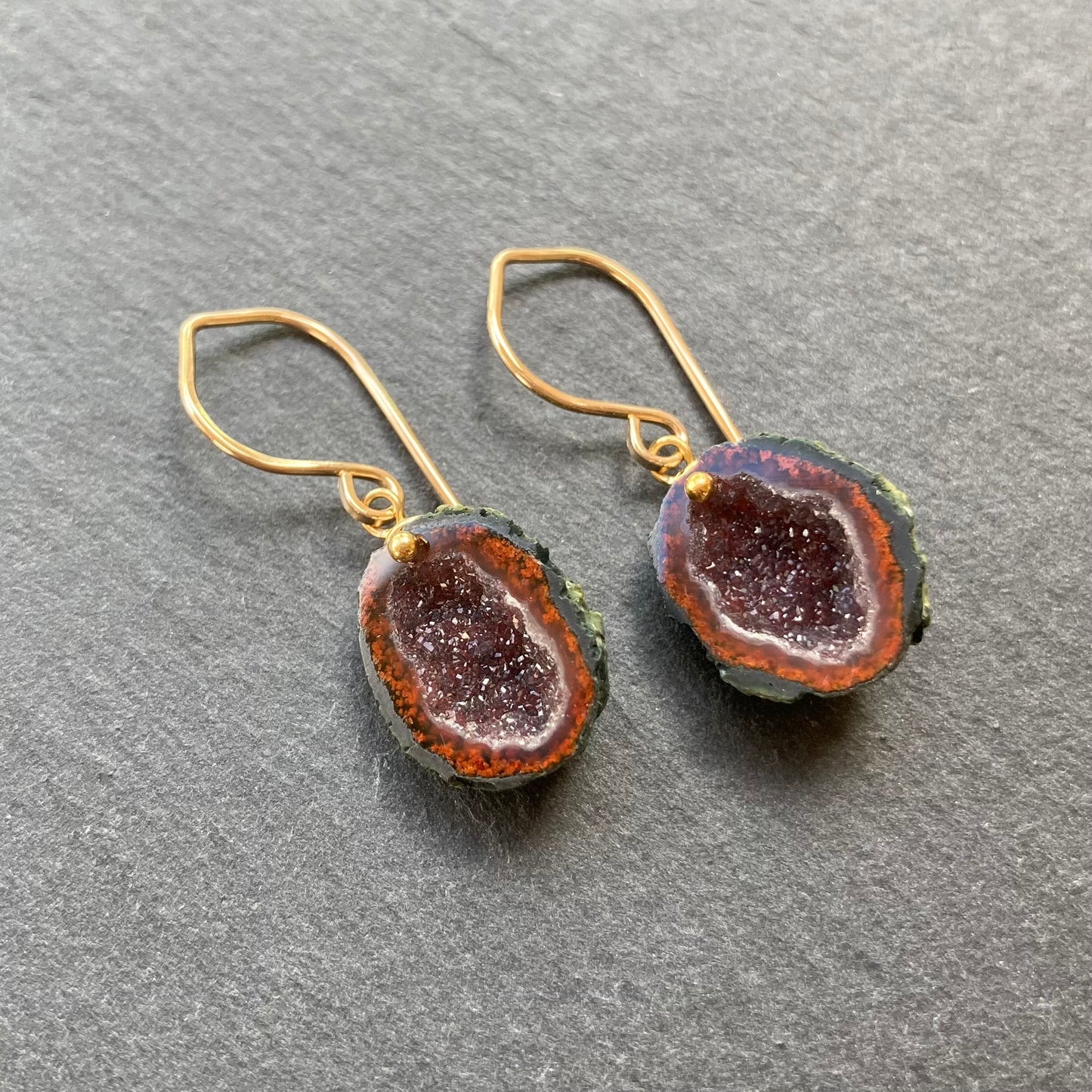Red Druzy Tabasco Geode & Gold Earrings