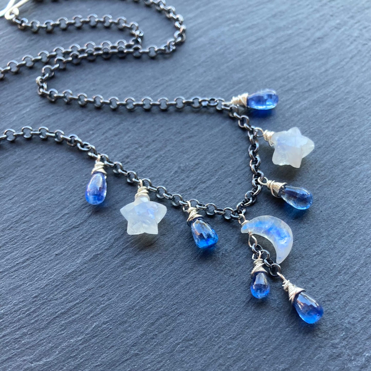 Rainbow Moonstone, Blue Kyanite & Sterling Silver Winter Solstice Charm Choker