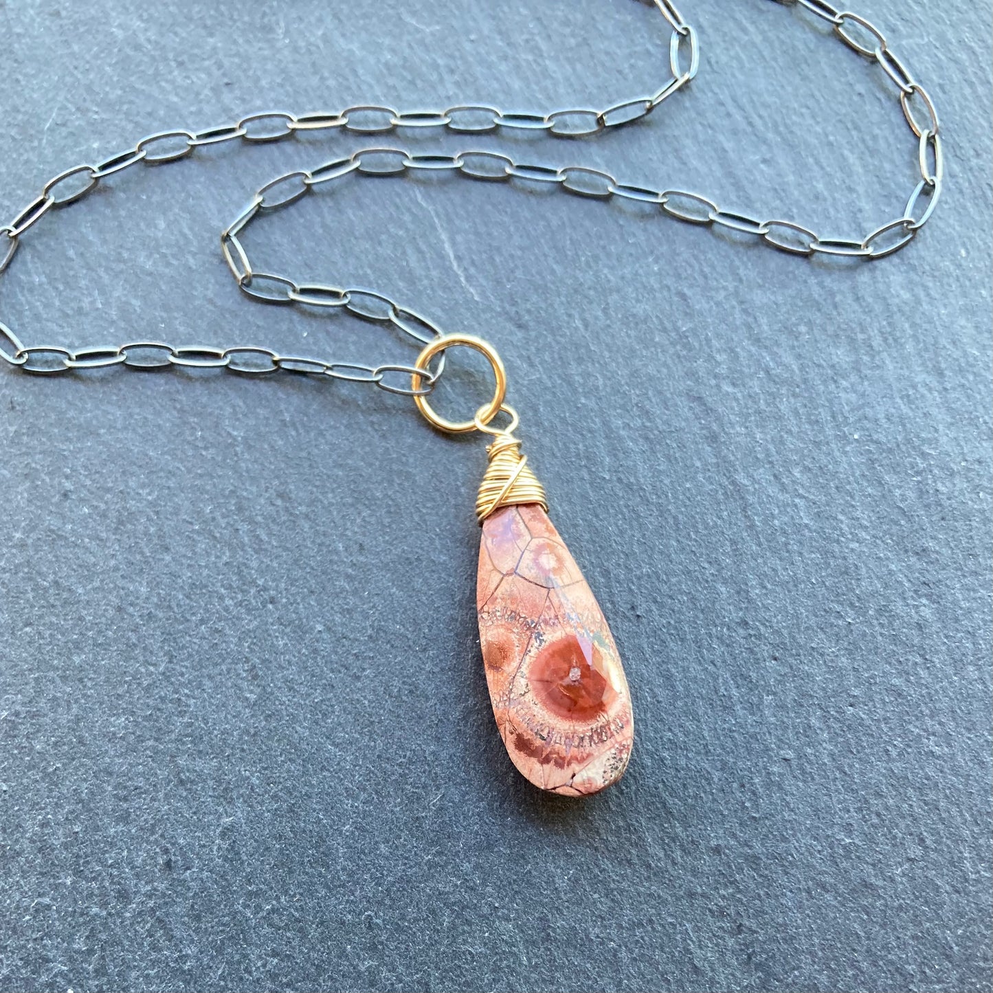 Crazy Lace Agate & Mixed Metal Pendant Necklace