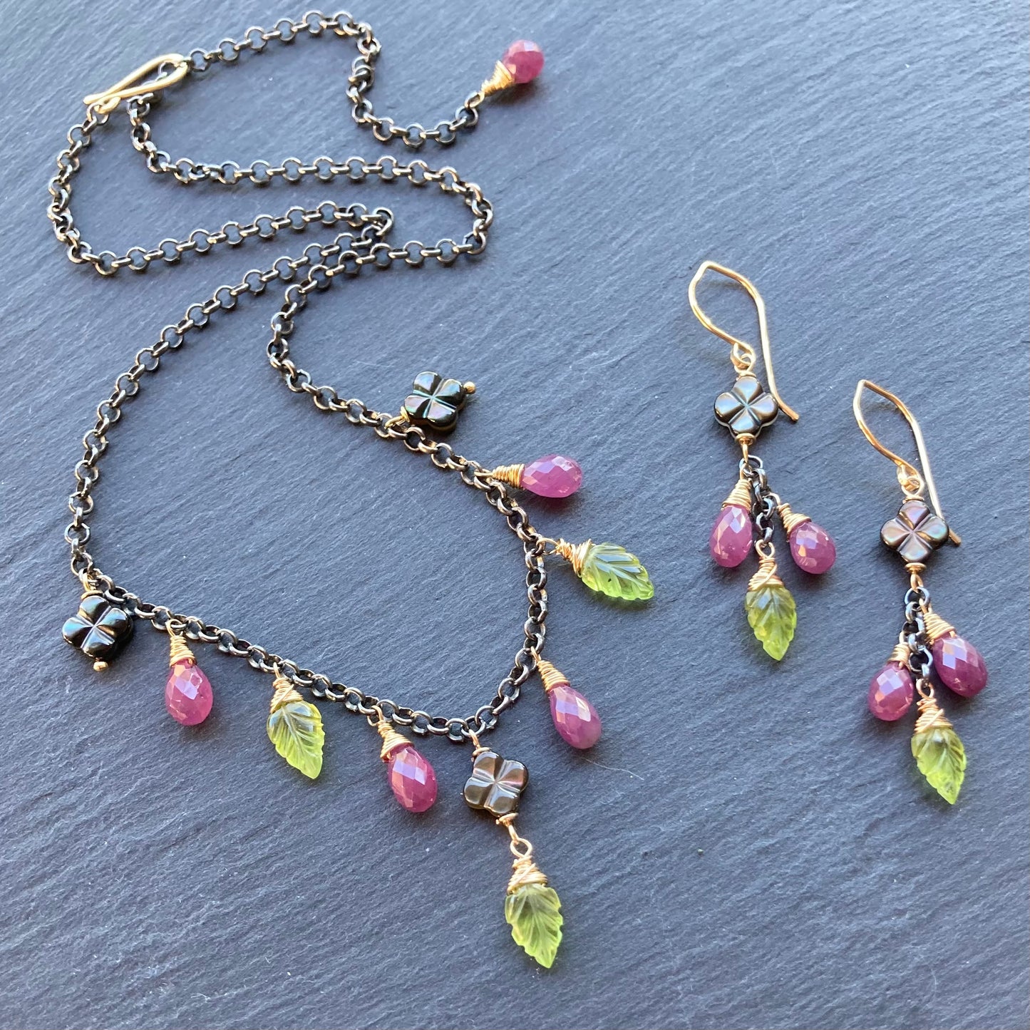 Ruby, Peridot, Black Mother of Pearl & Mixed Metal Charm Choker