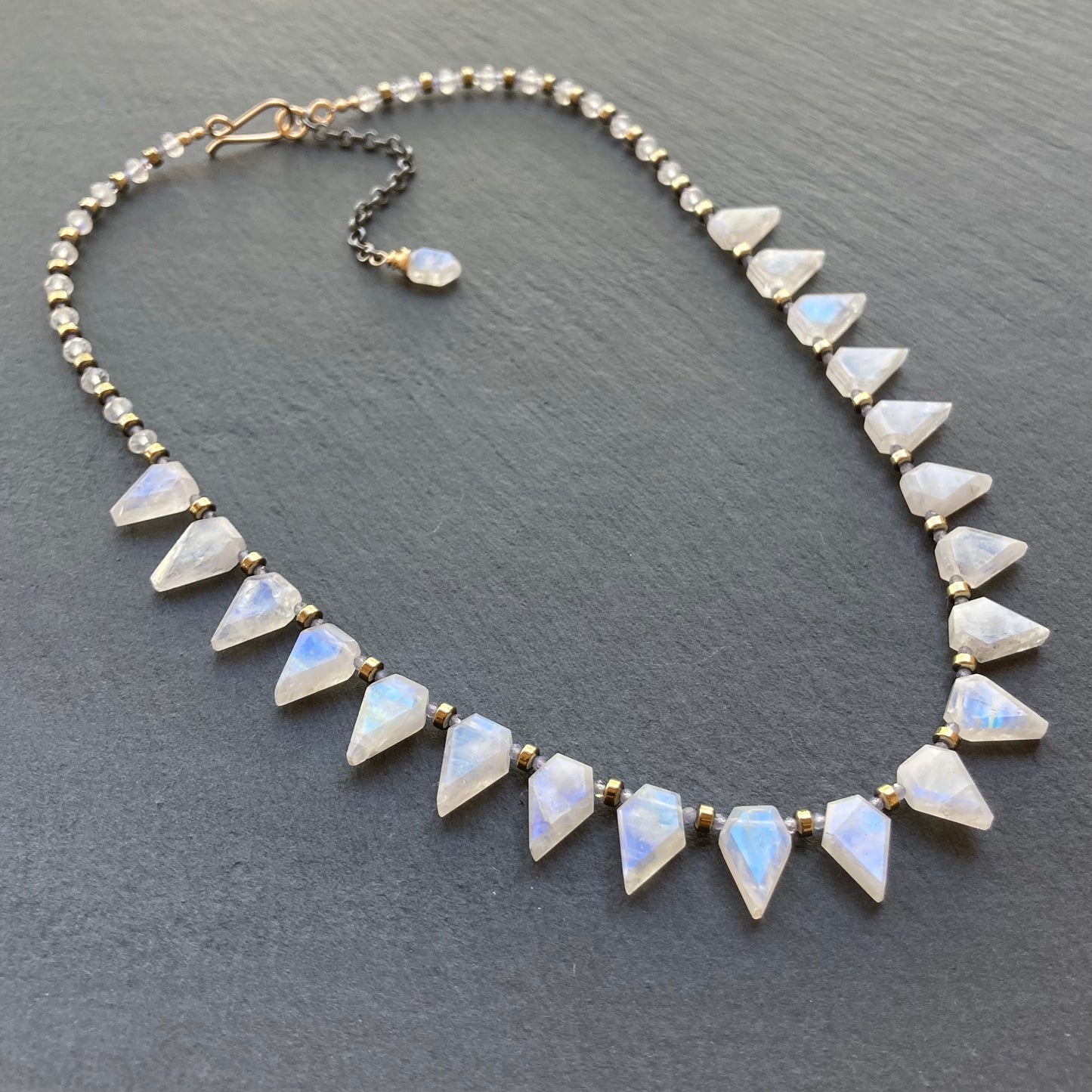 Rainbow Moonstone, Tanzanite & Mixed Metal Arrowhead Collar