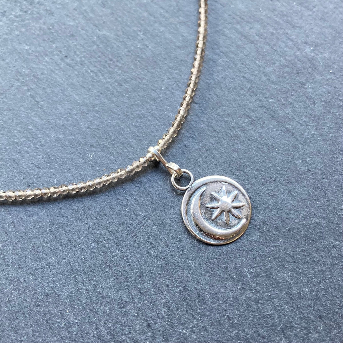 Smoky Quartz & Sterling Silver Sun Moon Pendant Choker