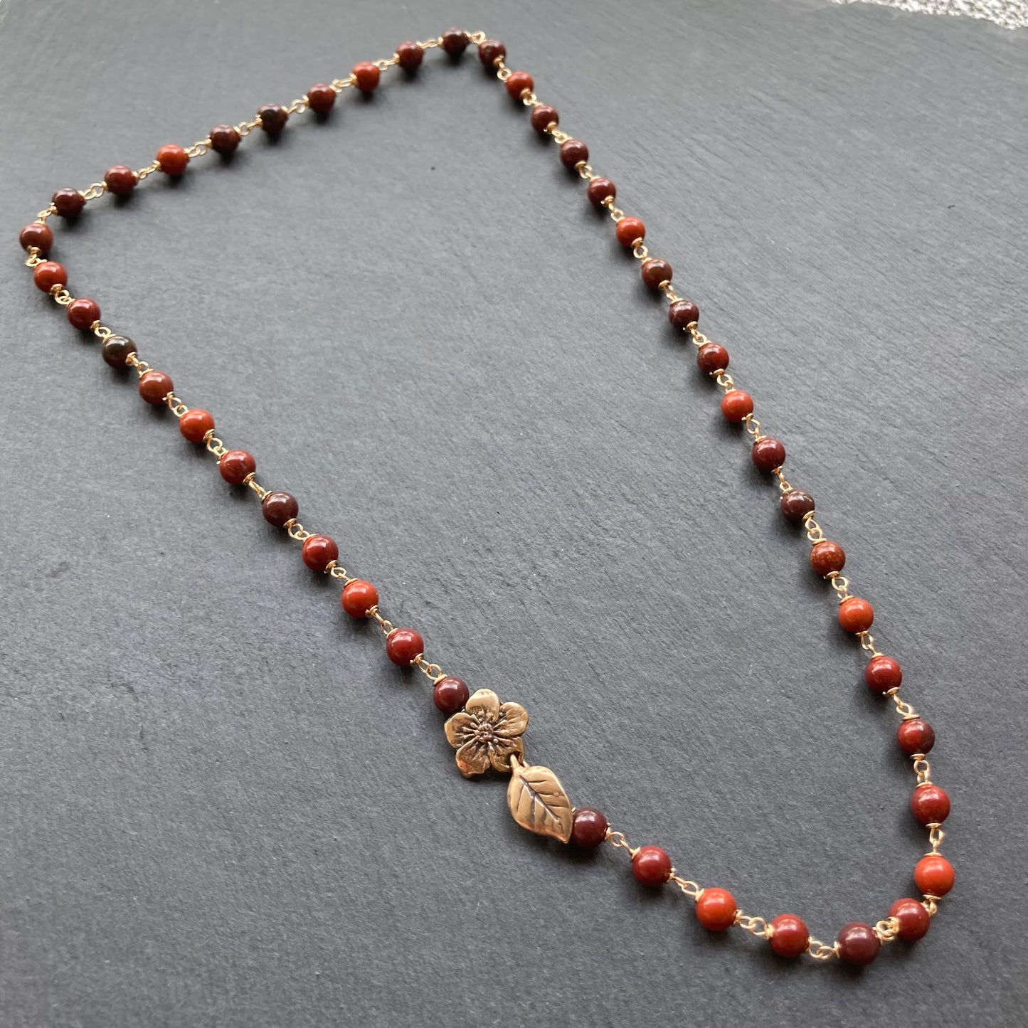 Red Jasper, Gold & Bronze Floral Clasp Necklace
