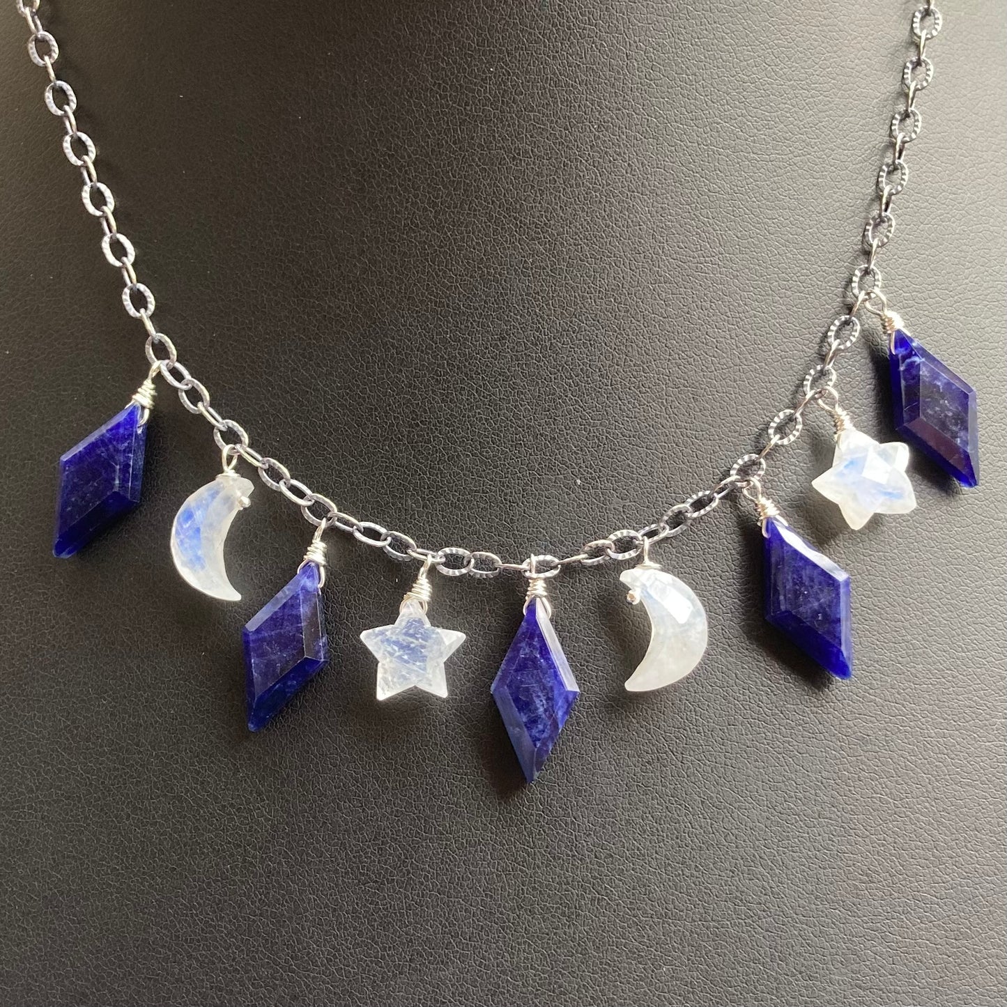 Rainbow Moonstone, Sodalite & Sterling Silver Alternate Universe Charm Choker