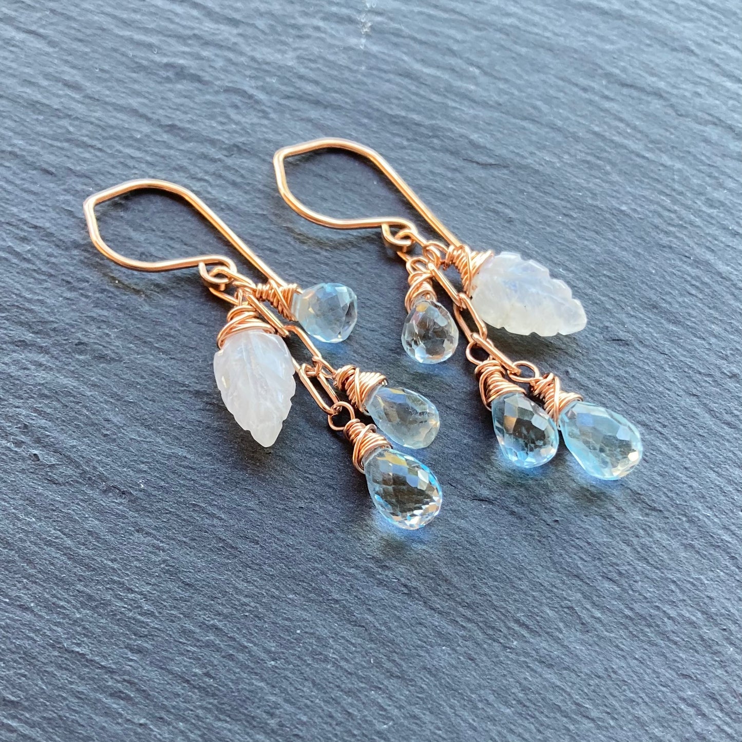 Blue Topaz, Rainbow Moonstone & Rose Gold Cascade Earrings