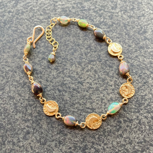 Ethiopian Black Opal, Gold & Bronze Moon Link Bracelet