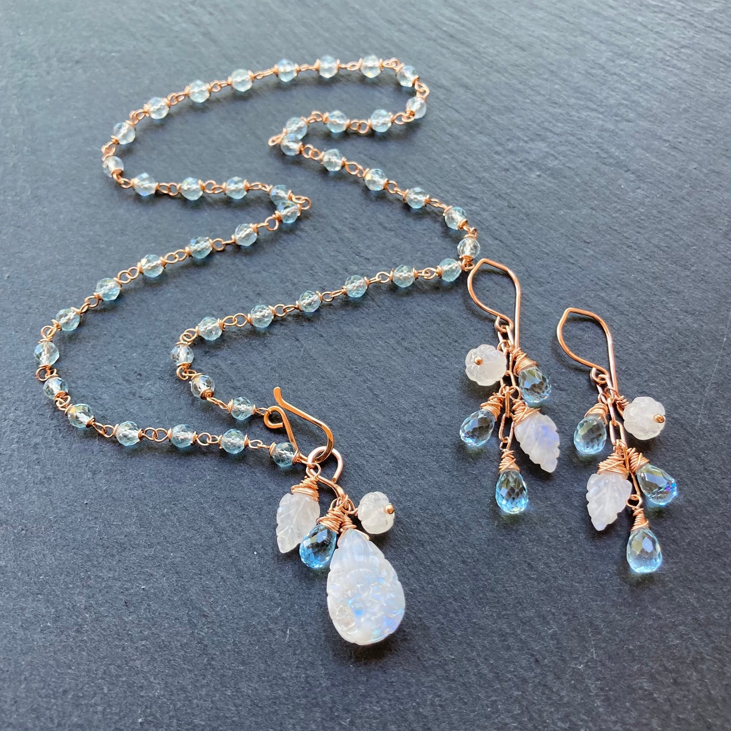 Blue Topaz, Rose Gold & Rainbow Moonstone Pendant Necklace
