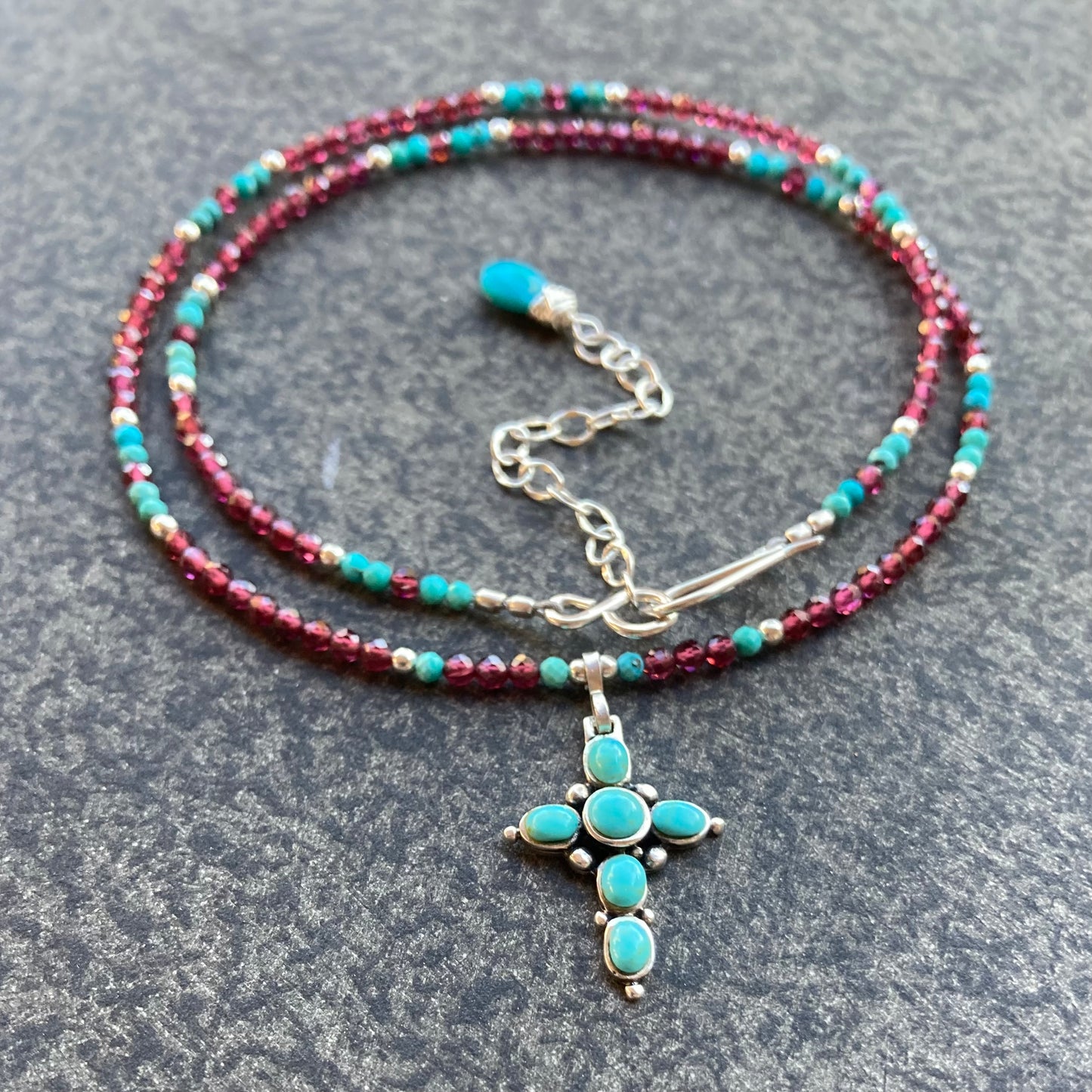 Arizona Turquoise, Mozambique Garnet & Sterling Silver Vintage Cross Necklace