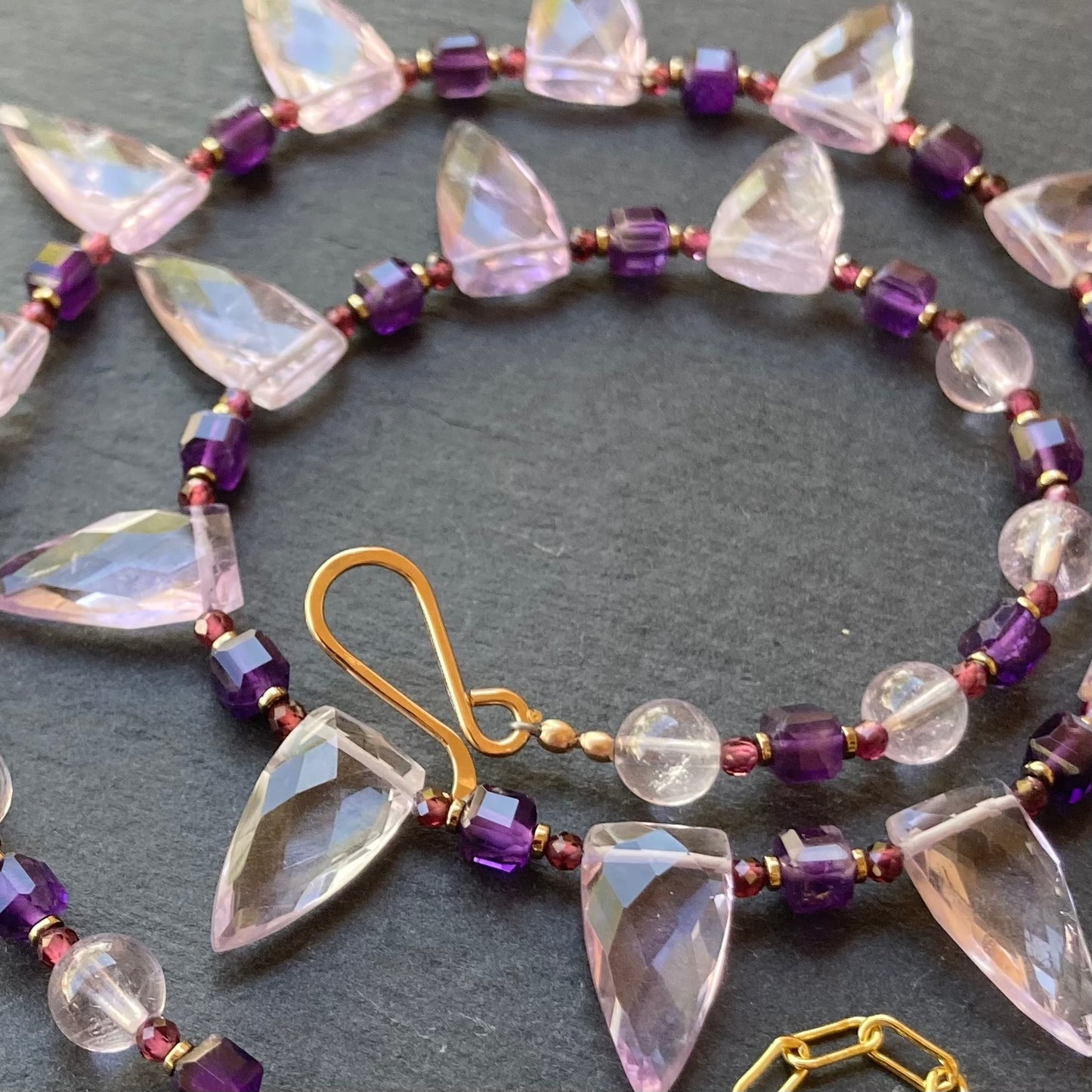 Amethyst, Rhodolite Garnet & Gold Spearhead Collar