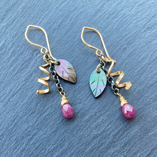 Black Mother of Pearl, Ruby & Mixed Metal Earrings