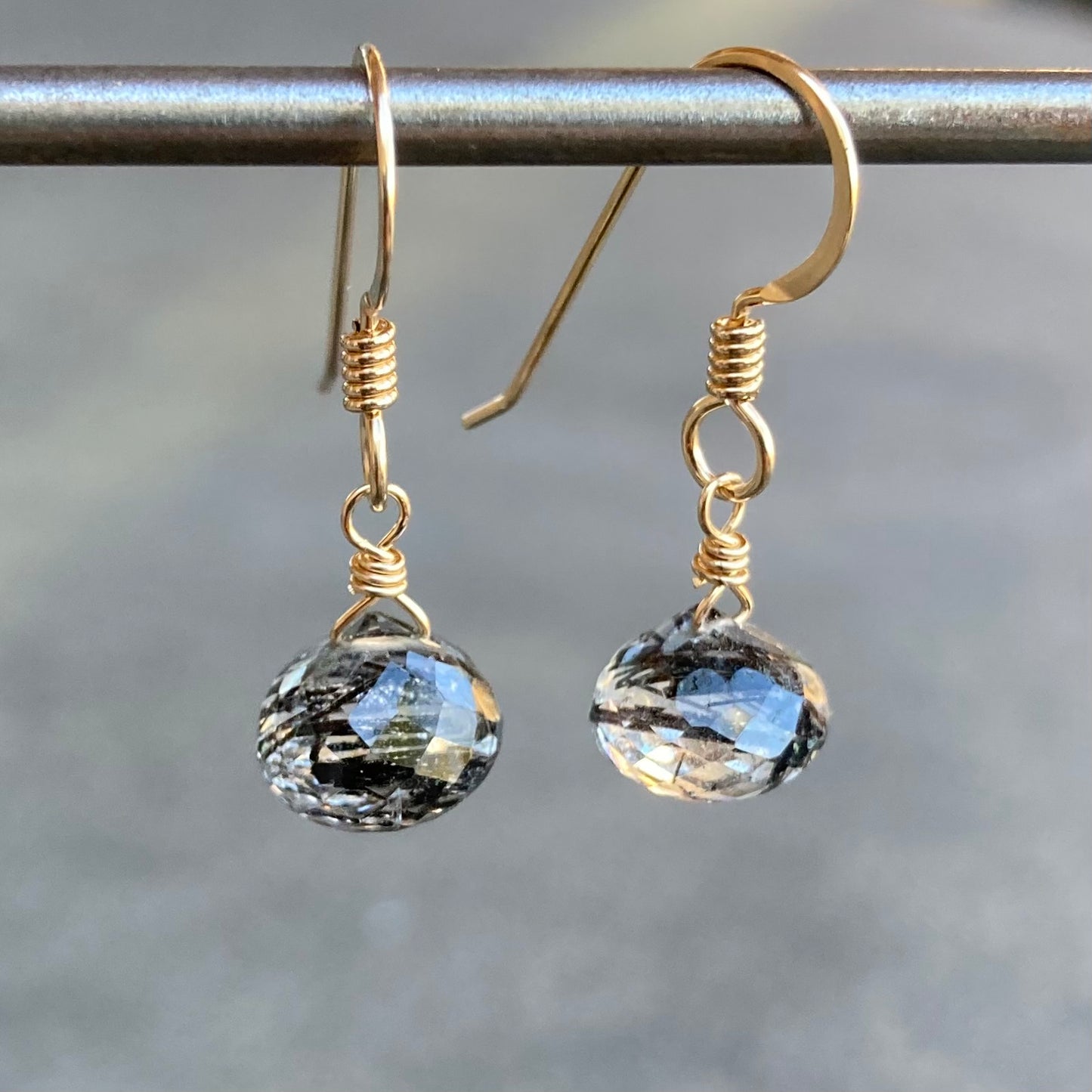 Black Rutilated Quartz & Gold Earrings