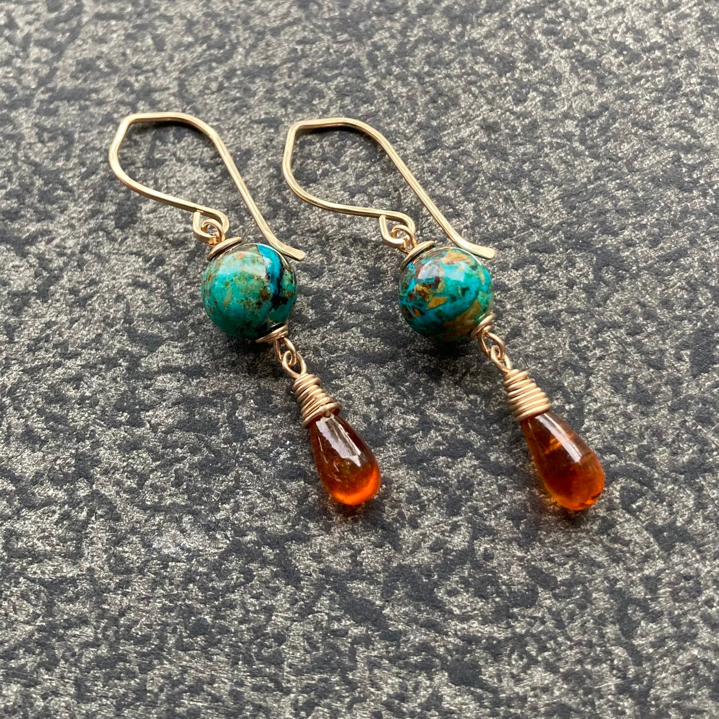 Chrysocolla, Orange Kyanite & Gold Earrings