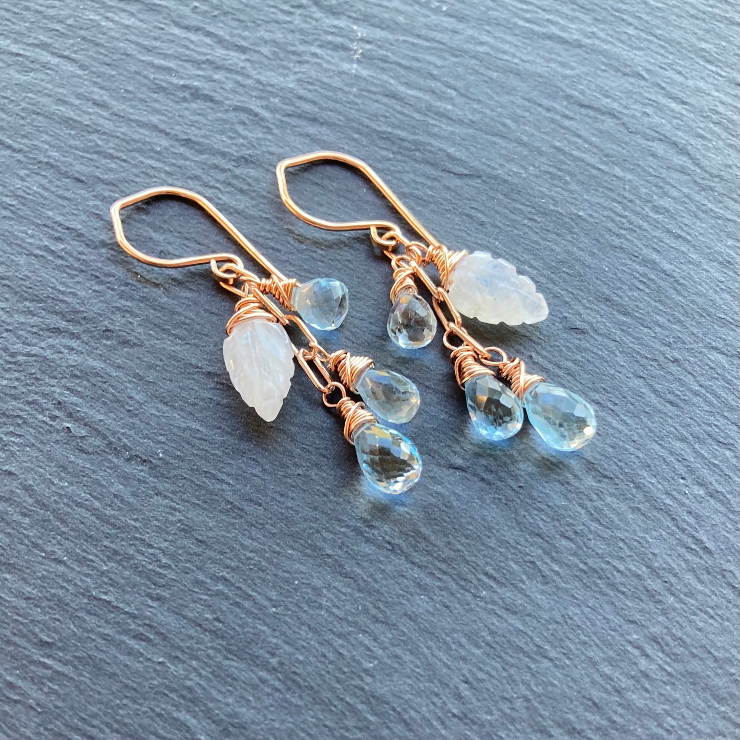 Blue Topaz, Rainbow Moonstone & Rose Gold Cascade Earrings