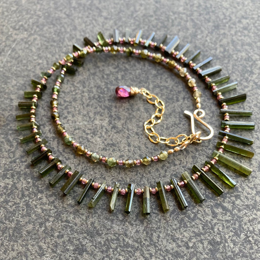 Raw Green Tourmaline, Rhodolite Garnet & Pyrite Choker