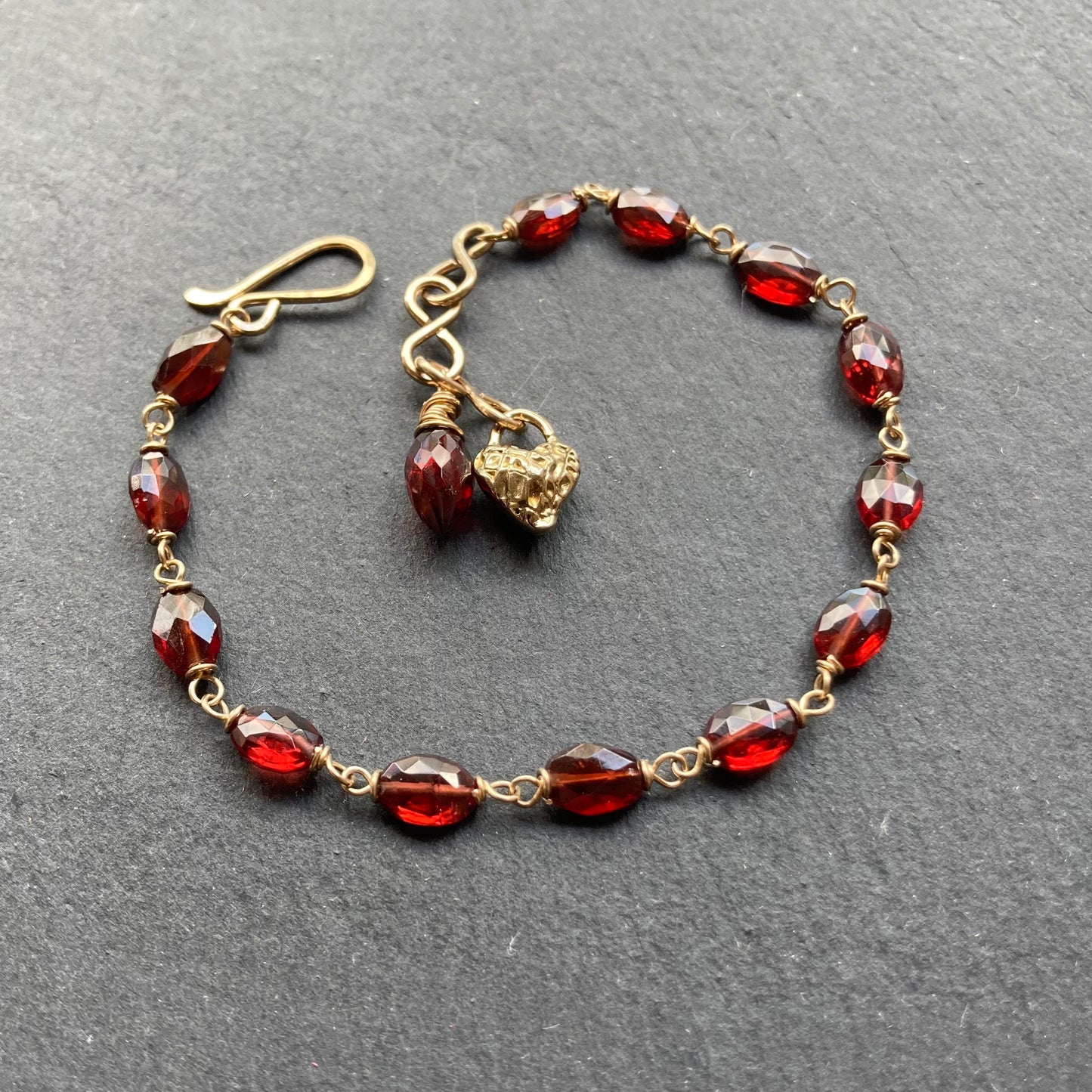 Mozambique Garnet, Gold & Bronze Heart Charm Bracelet