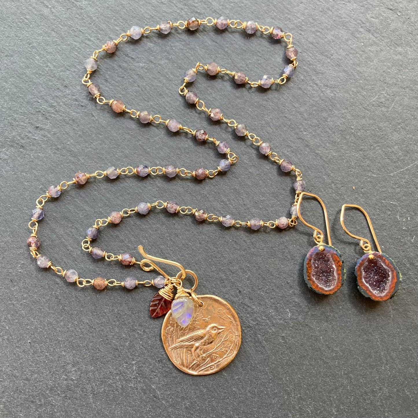 Iolite Sunstone, Gold & Bronze Scrub Jay Pendant Necklace
