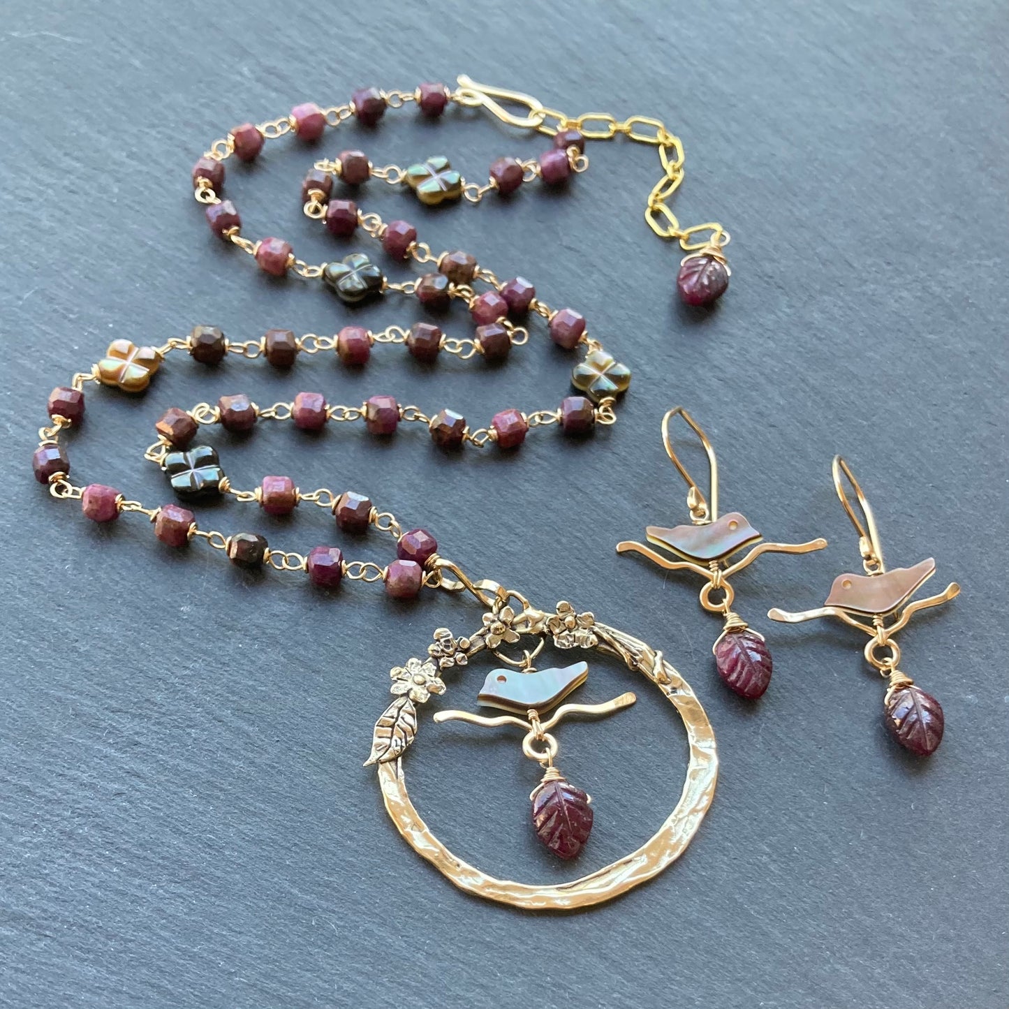 Natural Ruby, Black Mother of Pearl & Gold Plum Branch Earrings