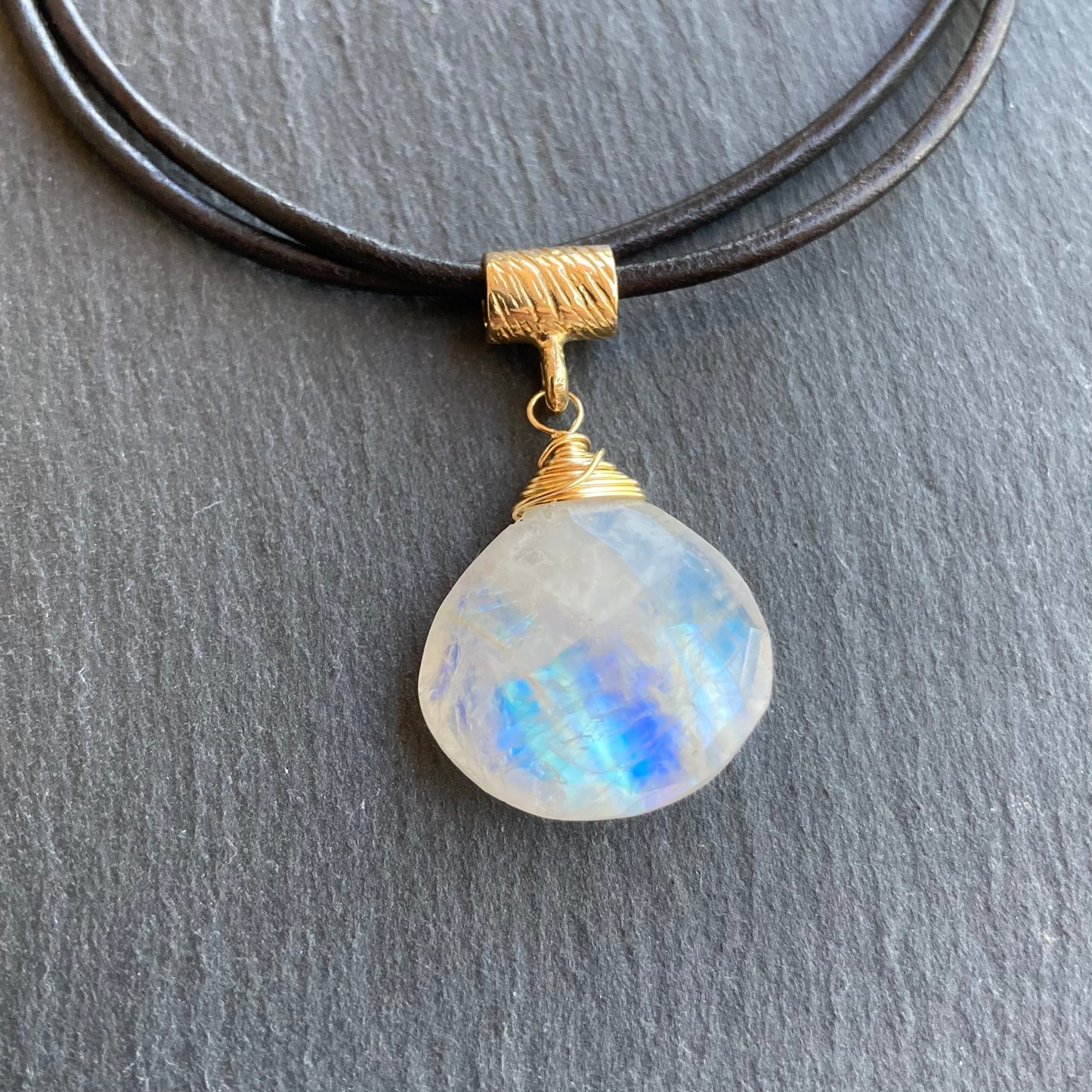 Rainbow Moonstone & Bronze Leather Choker