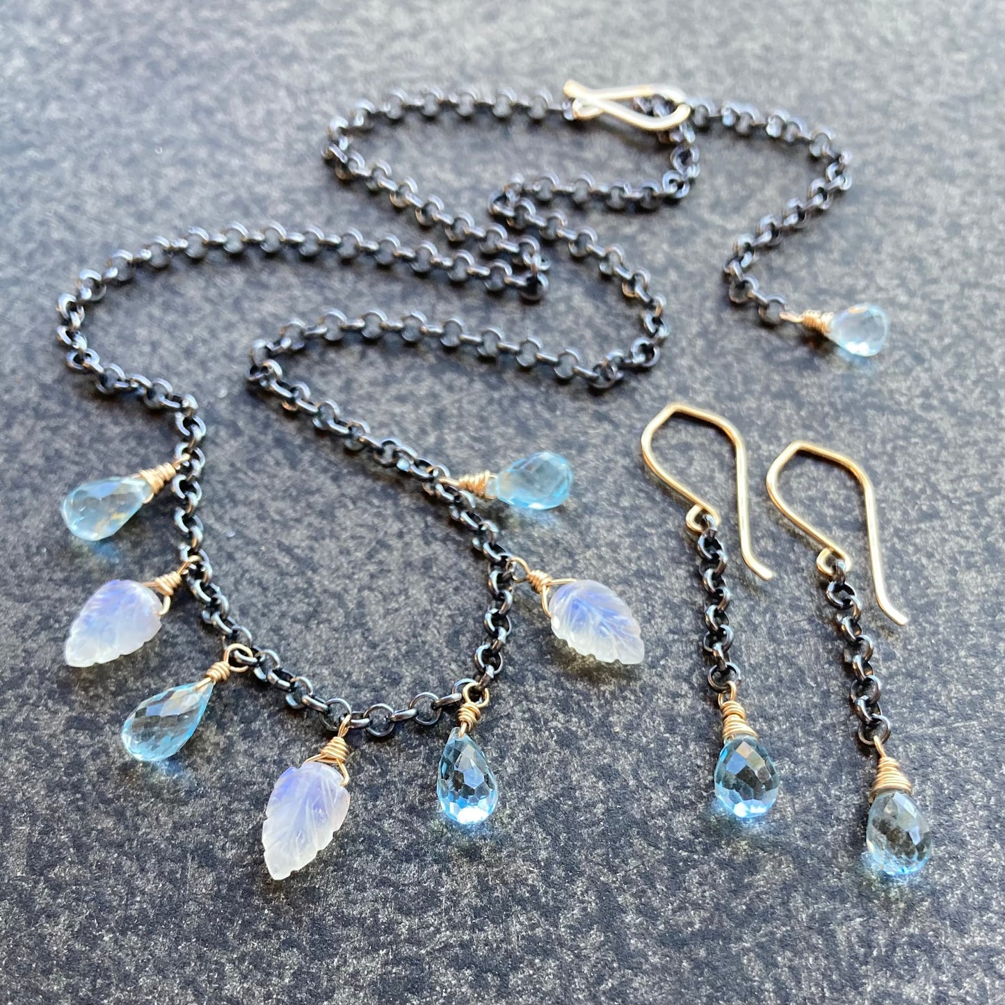 Blue Topaz, Rainbow Moonstone & Mixed Metal Leaf Charm Choker