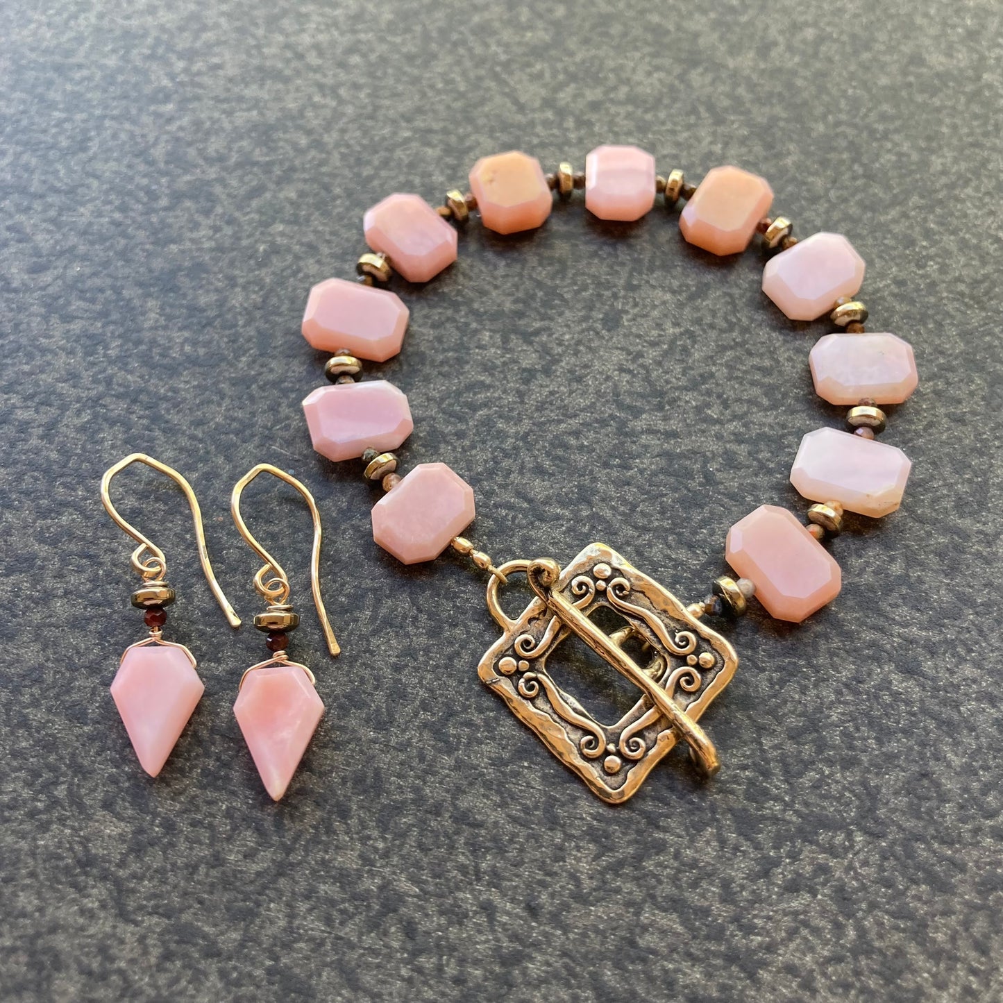 Peruvian Pink Opal, Pyrite & Gold Earrings