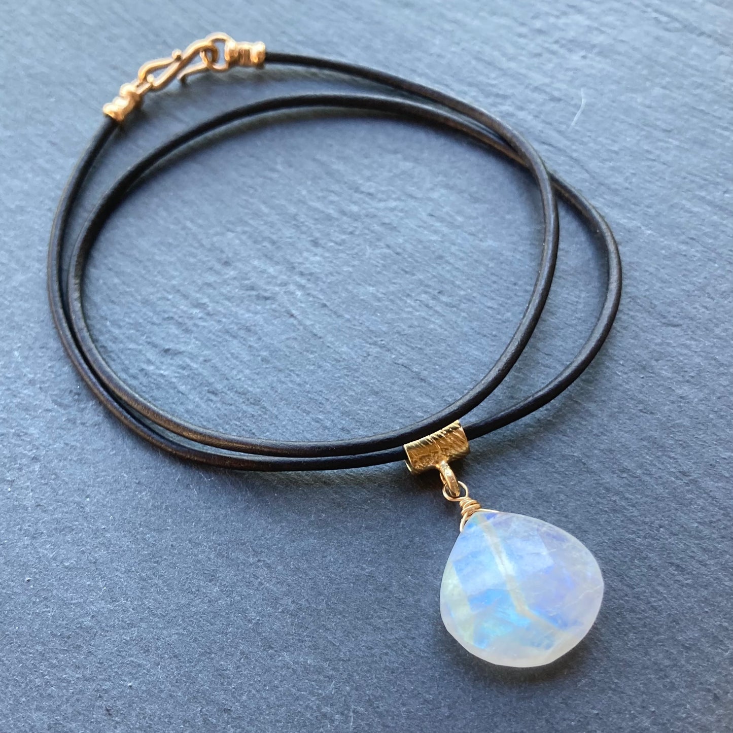 Rainbow Moonstone & Bronze Leather Choker