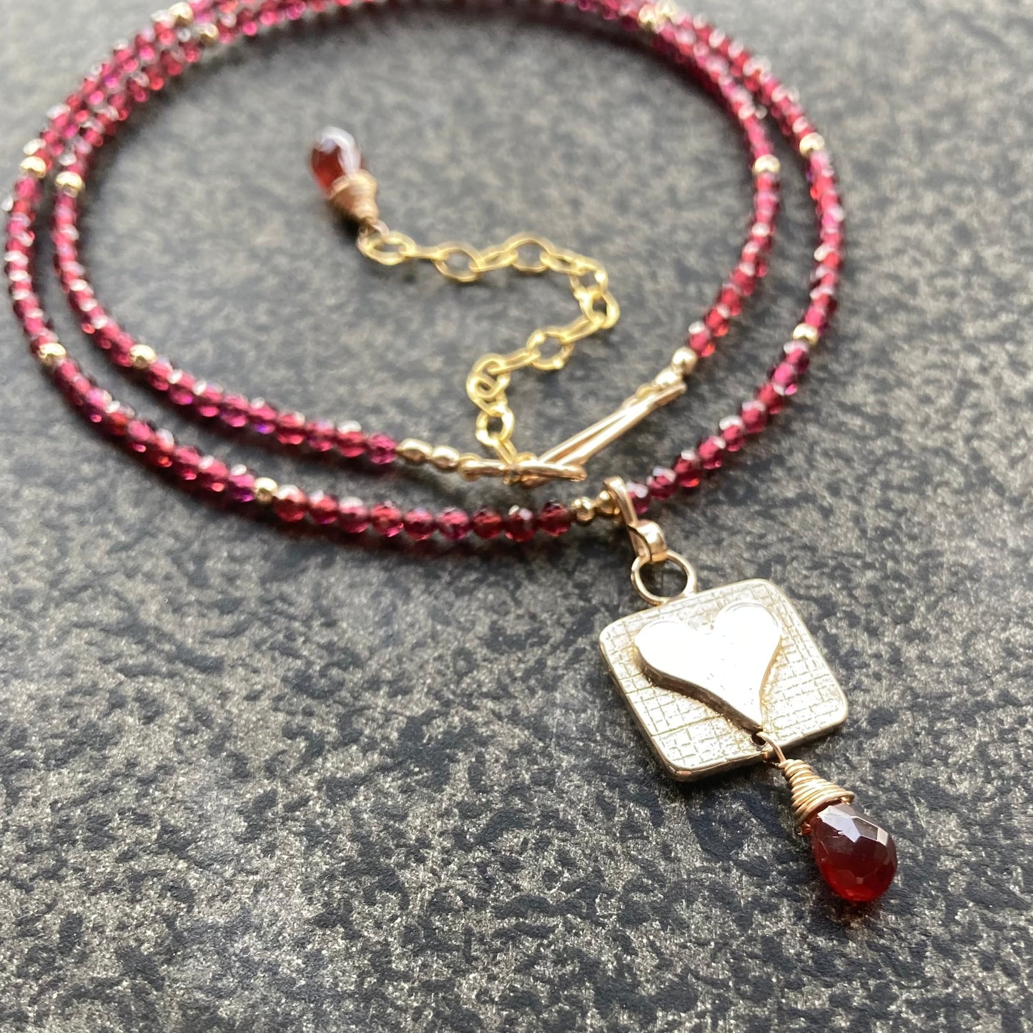 Mozambique Garnet, Gold & Bronze Heart Pendant Choker