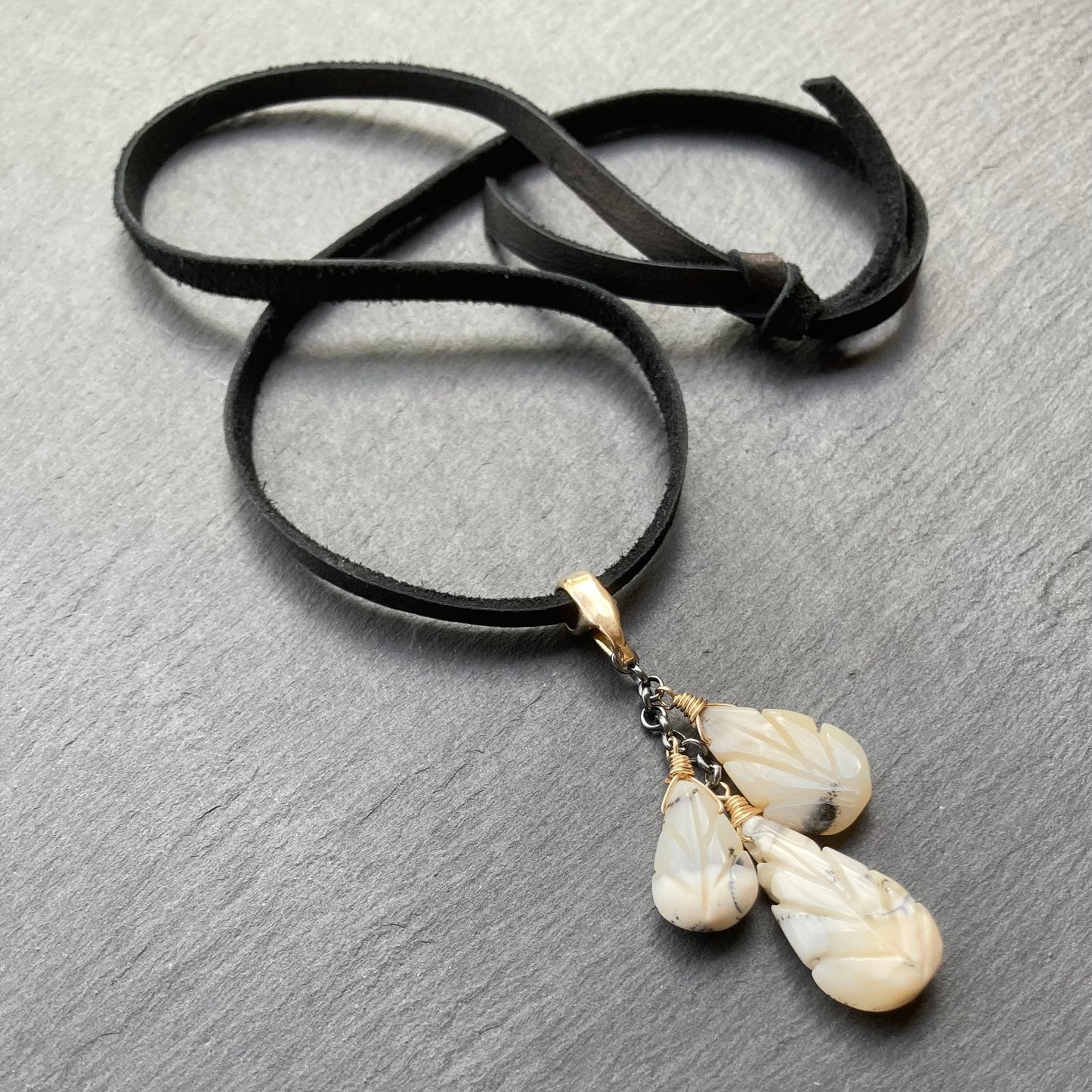 Dendritic Opal & Mixed Metal Deerskin Leather Choker