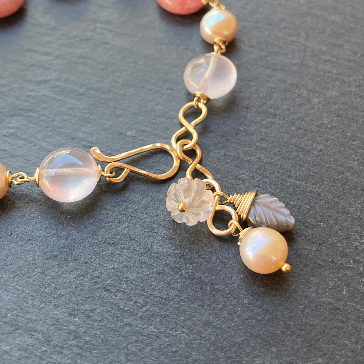 Rhodochrosite, Rose Quartz, Pearl & Gold Bracelet