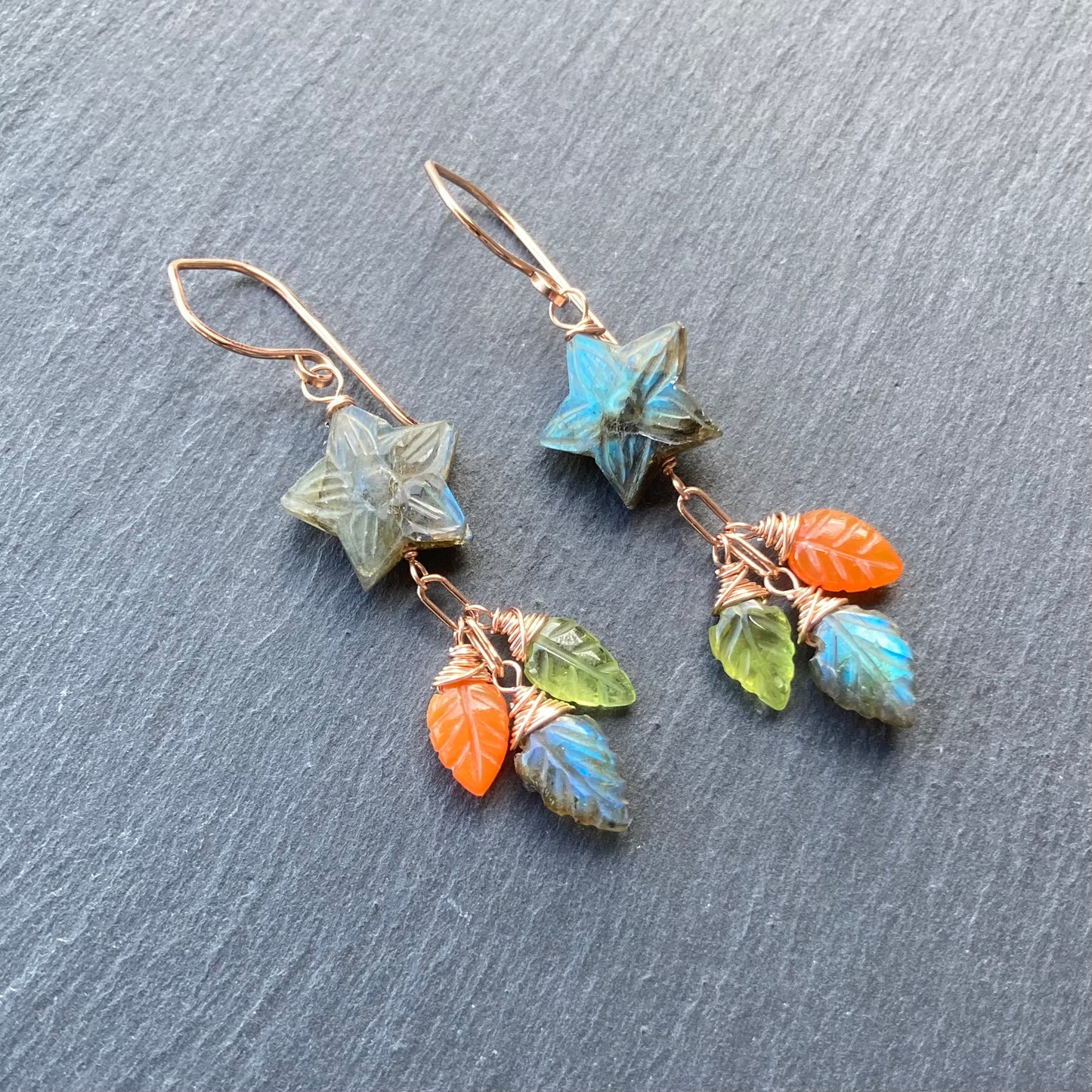 Labradorite & Rose Gold Star Flower Earrings