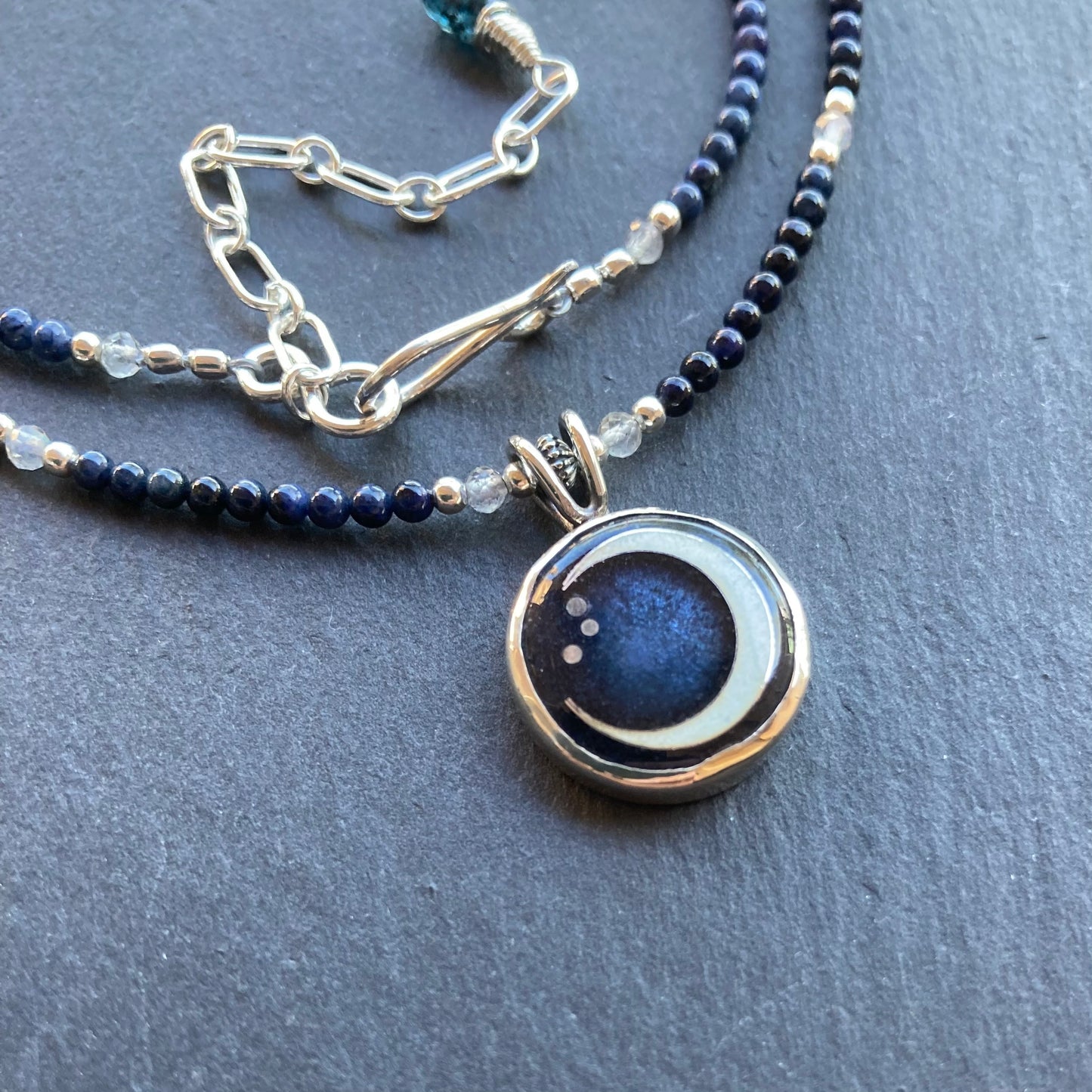 Dumortierite , Labradorite & Sterling Silver Winter Moon Pendant Choker