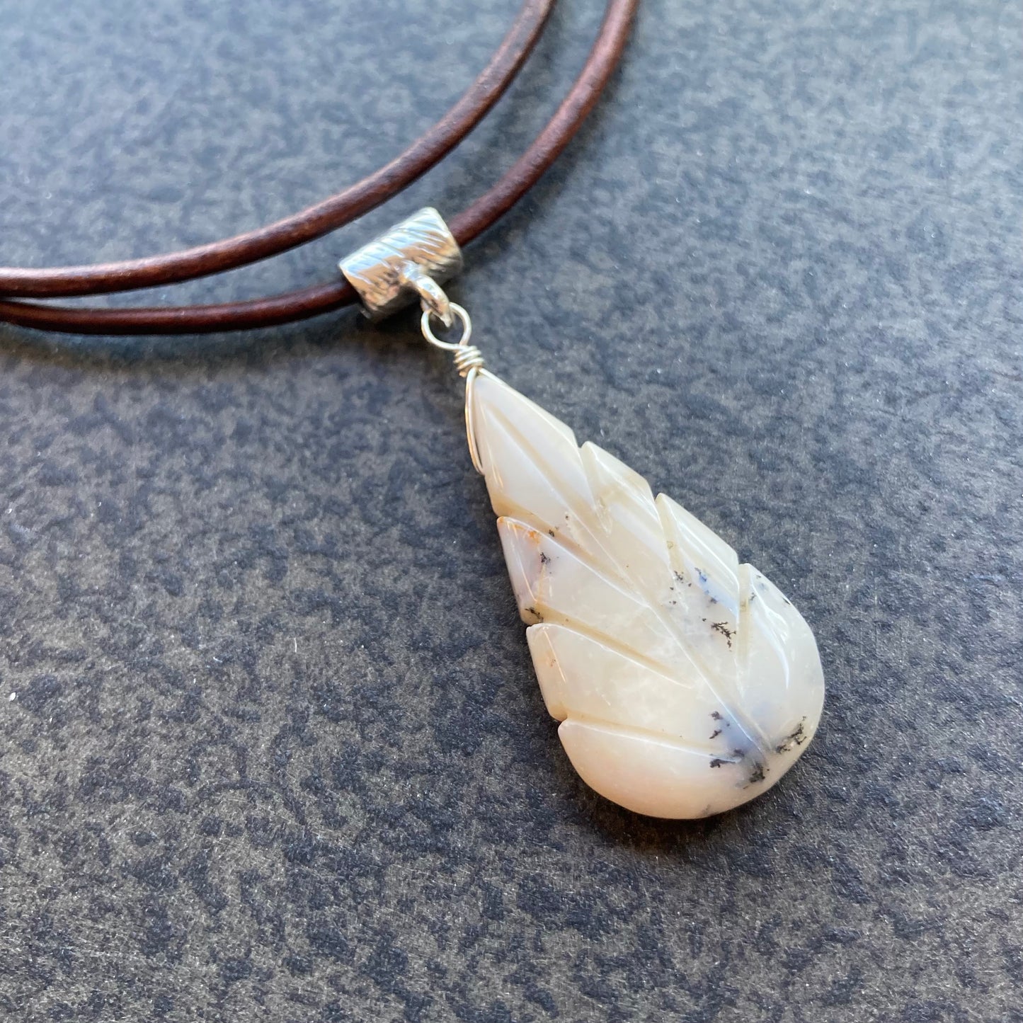 Dendritic Opal Carved Leaf & Sterling Silver Leather Choker