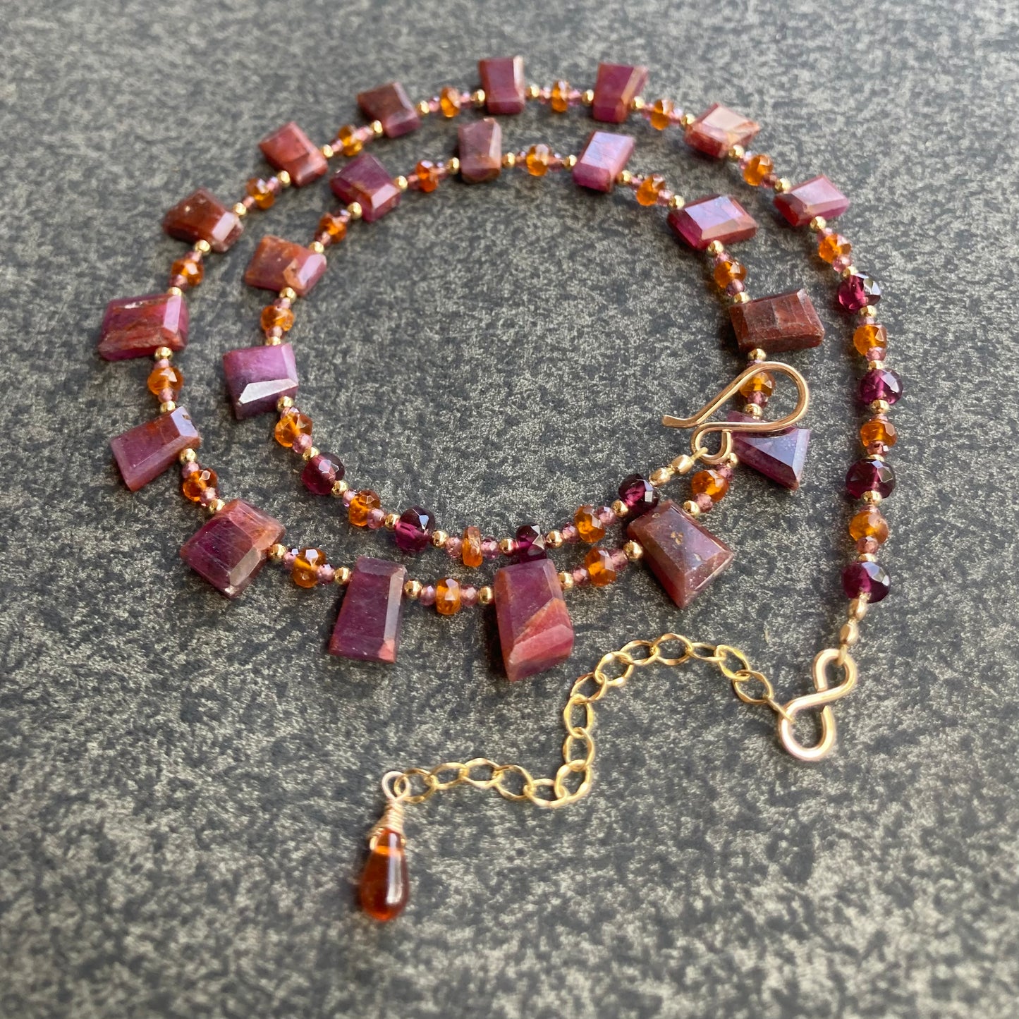 Natural African Ruby, Orange Kyanite, Rhodolite & Gold Choker