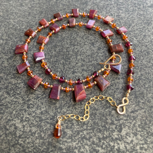 Natural African Ruby, Orange Kyanite, Rhodolite & Gold Choker