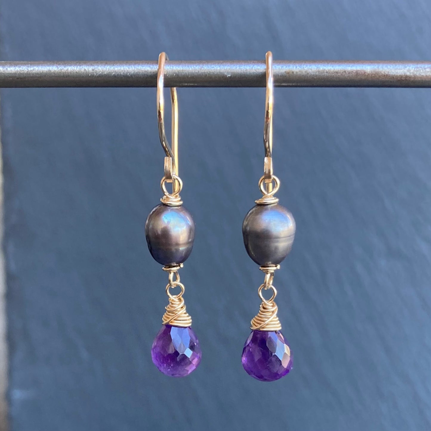 Amethyst, Peacock Pearl & Gold Earrings