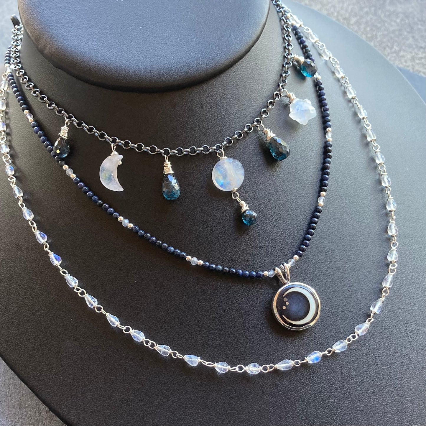 Rainbow Moonstone & Sterling Silver Moon Drops Necklace