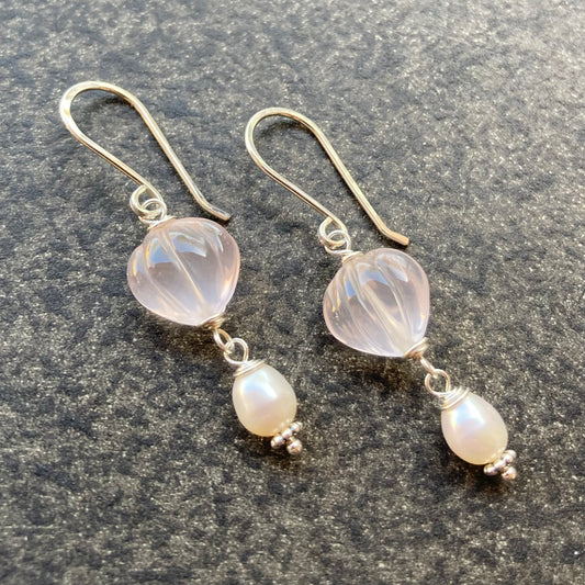 Rose Quartz, Freshwater Pearl & Sterling Silver Earrings