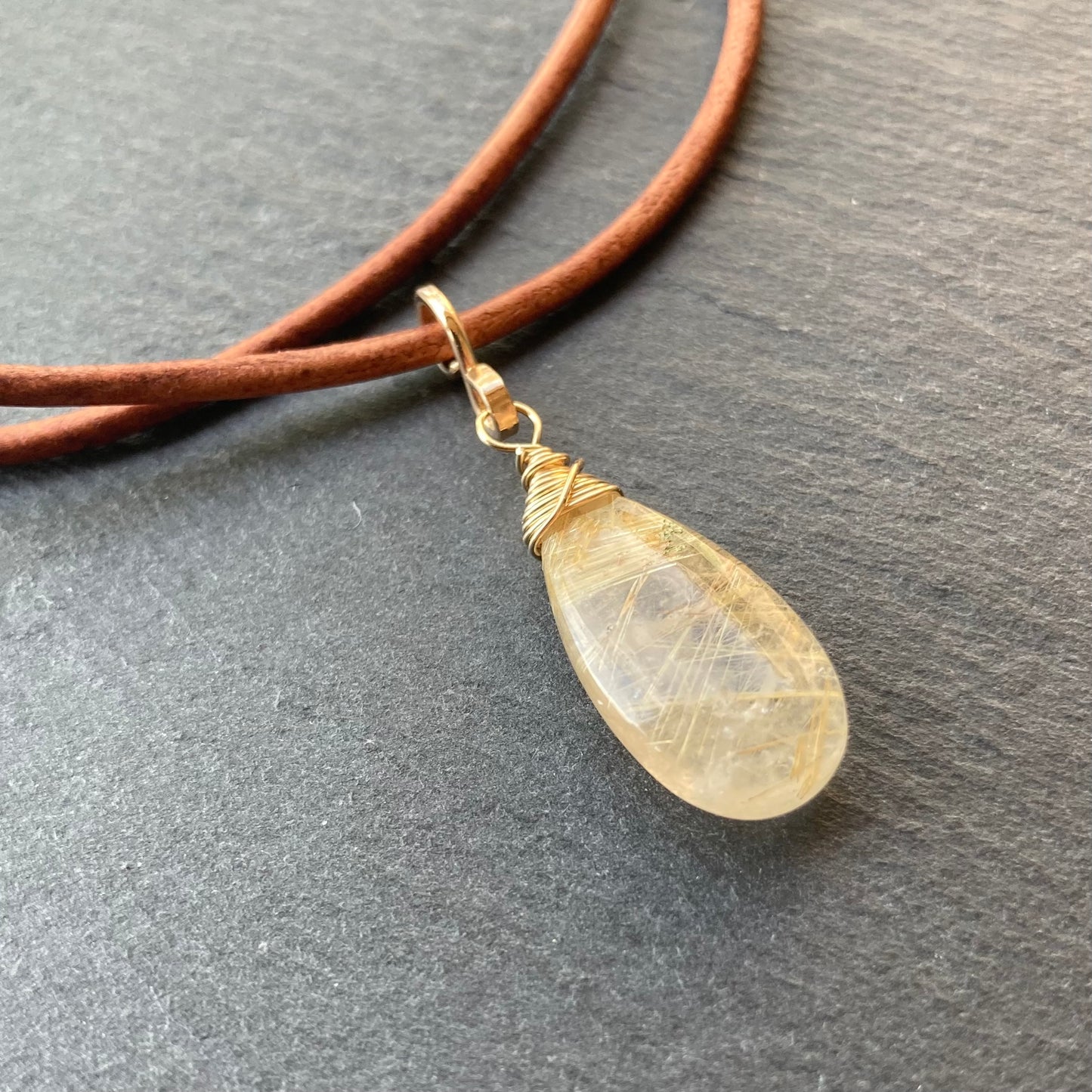 Golden Rutilated Quartz & Gold Leather Choker