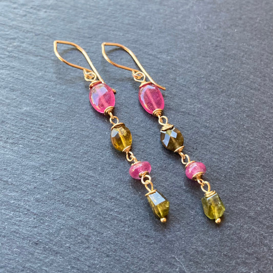 Pink Sapphire, Petro Tourmaline & Gold Earrings